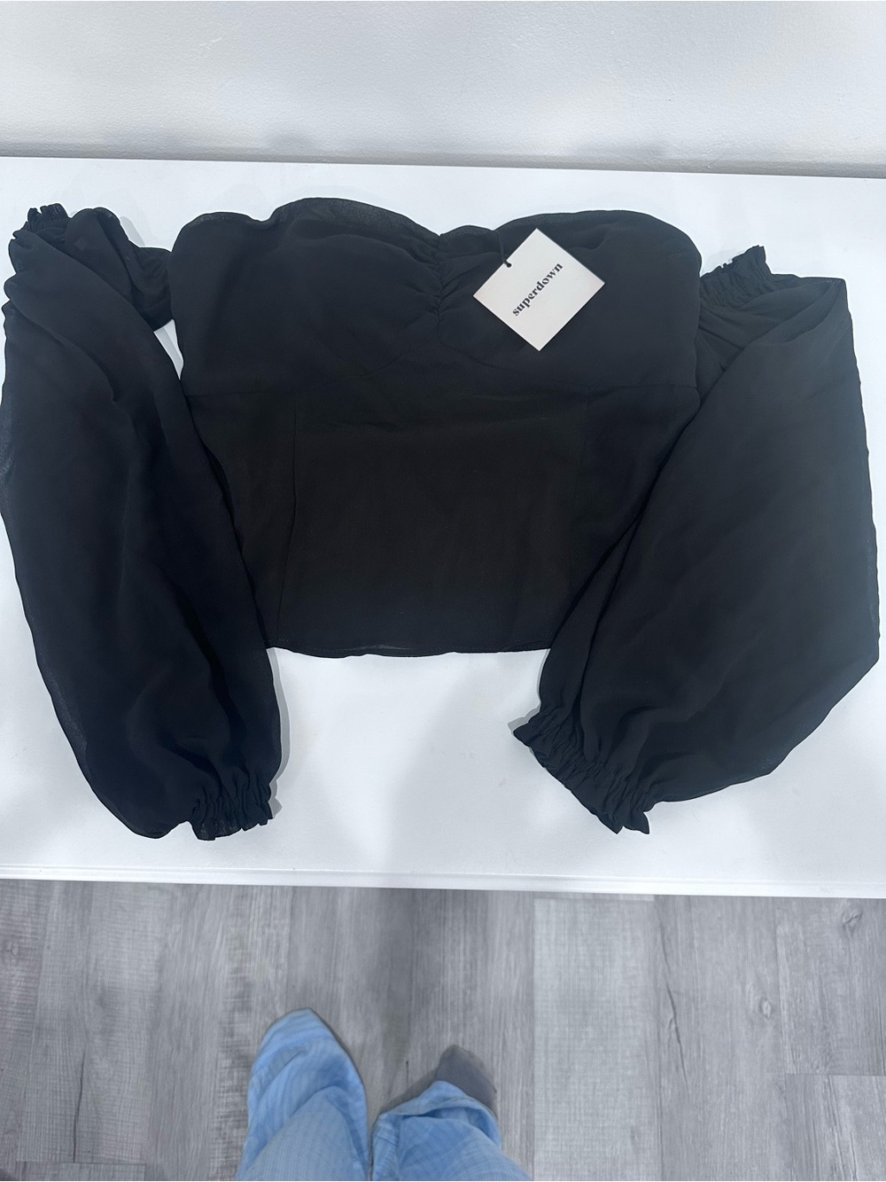 superdown Black Off-Shoulder Puff Sleeve Crop Top with Elastic Cuffs
